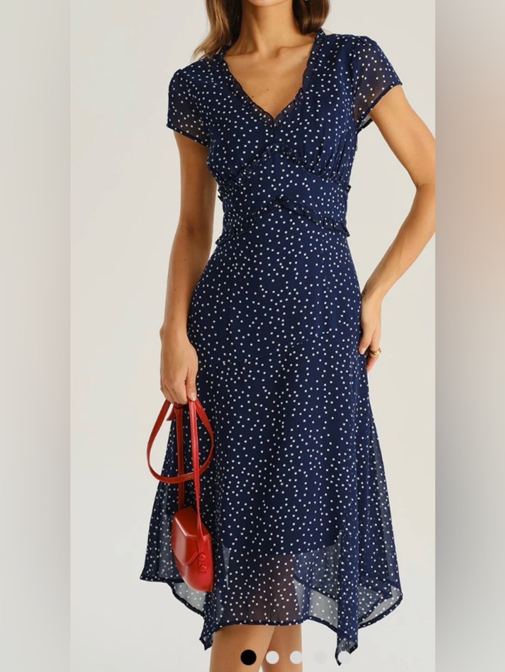 Rihoas navy polka dot midi dress with ruffle details. Medium. NWT